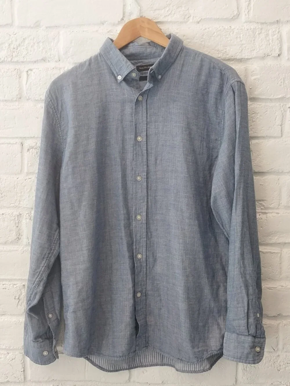 Banana Republic Untucked Slim Fit Double Cloth Blue Shirt Mens L Solid Stripped,